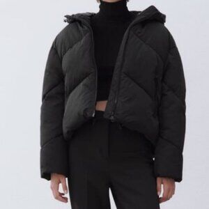 ZARA BLACK QUILTED HOODED SHORT WINTER PUFFER OVERSIZED COAT - XS